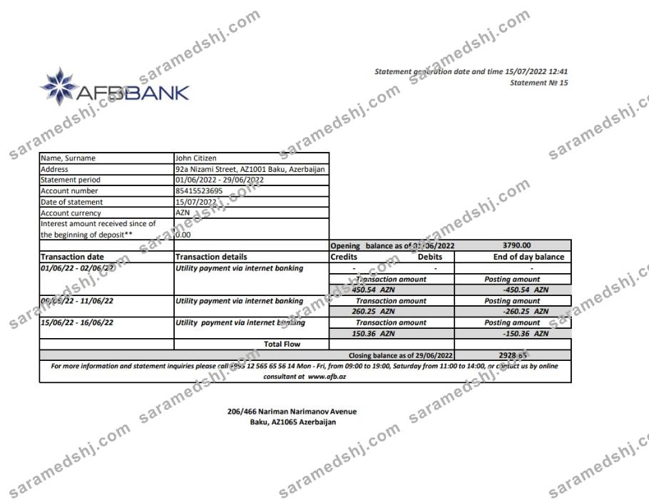 Azerbaijan Afbbank bank statement